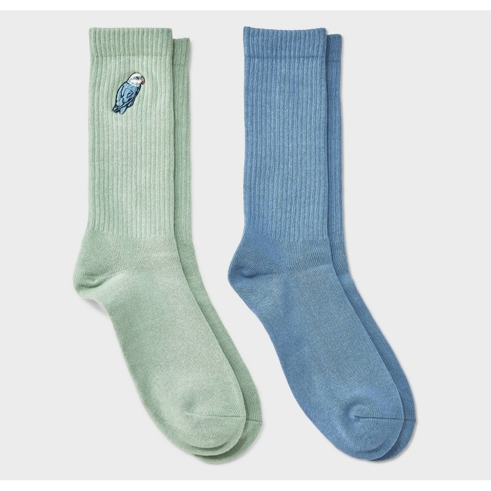 Goodfellow & Co Men's Striped bird 2pk Crew Socks - 6-12 (NWT) Blue/Green